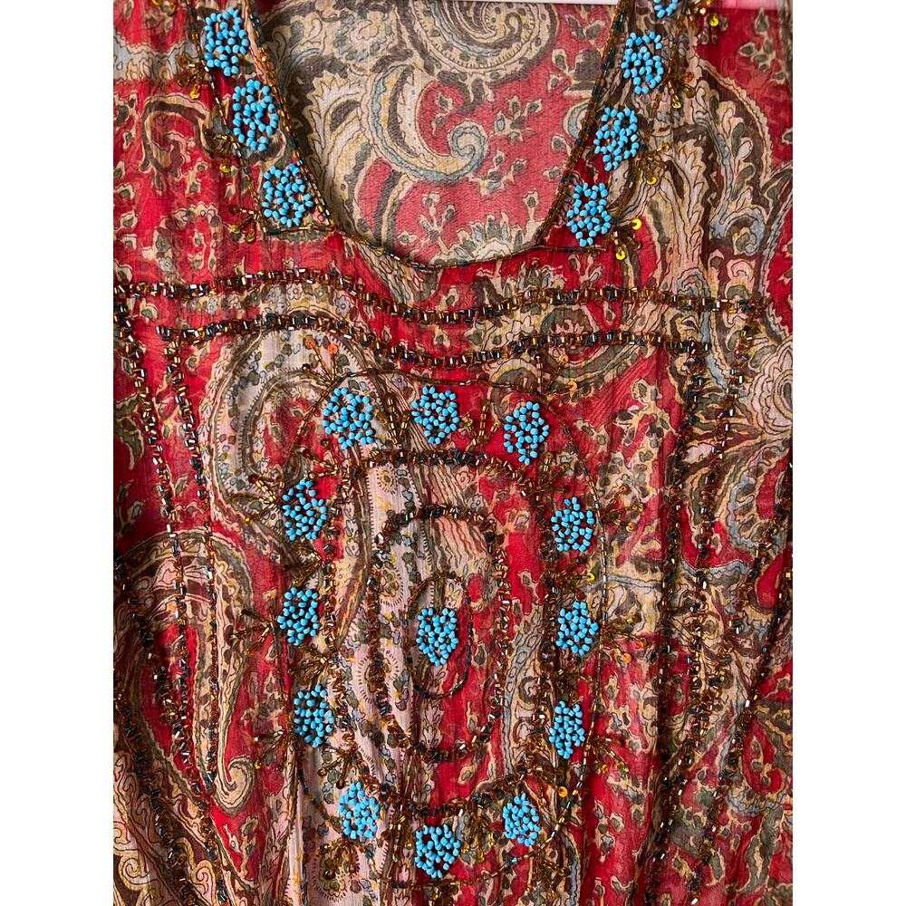 Vintage Boho Paisley Tunic Top Beaded Neckline Sheer Blouse Peasant Festival XL - Picture 2 of 6